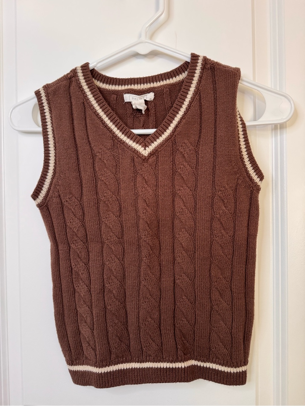Full Tilt Brown Cable-Knit V-Neck Sweater Vest with Cream Trim